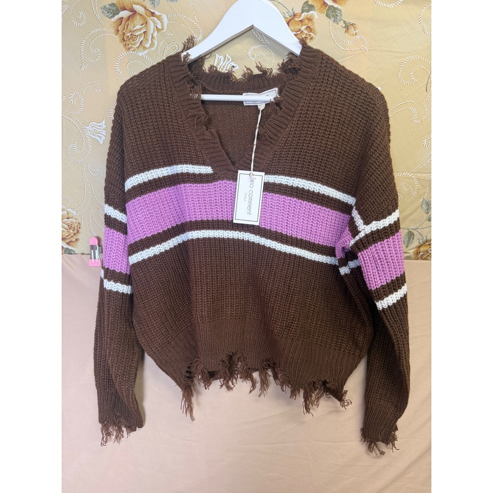 No Comment NY-LA Distressed Striped Chunky Knit Sweater Brown Pink White Large